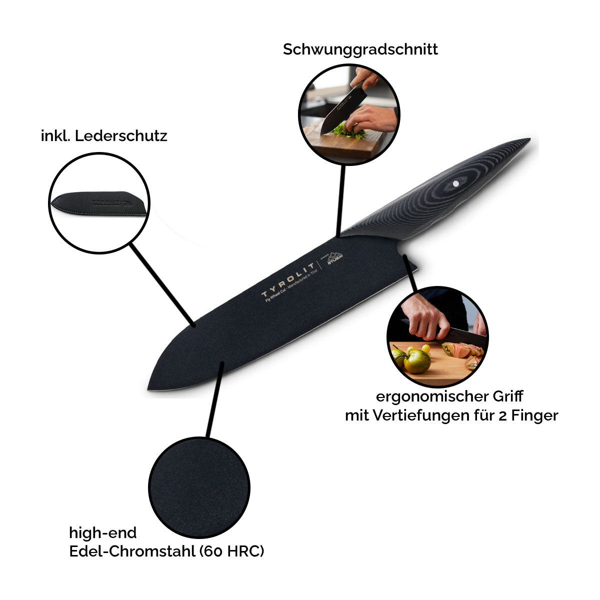 Einzigartiges Fly Wheel Cut Messer | high-end Edel-Chromstahl | ink. Schneideschutz | 20 cm Klinge | ergonomischer Griff | Made in Austria