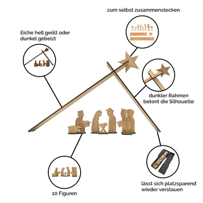 Moderne Holzkrippe ‘Einfach Weihnachten’ | 10-teilig | Eiche furniert | zum Zusammenstecken | Made in Germany