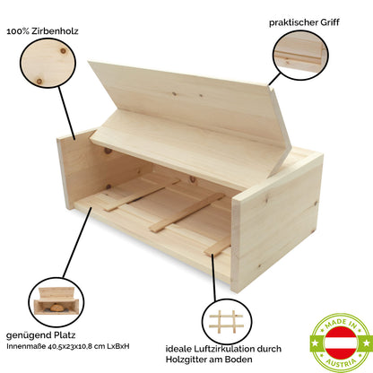 Brotkasten | Klappdeckel | 100% Zirbenholz | inkl. Zirbenholz-Gitter | L 45 x H 16 x B 25 cm | inkl. Bienenwachstuch | Handwerk aus Österreich