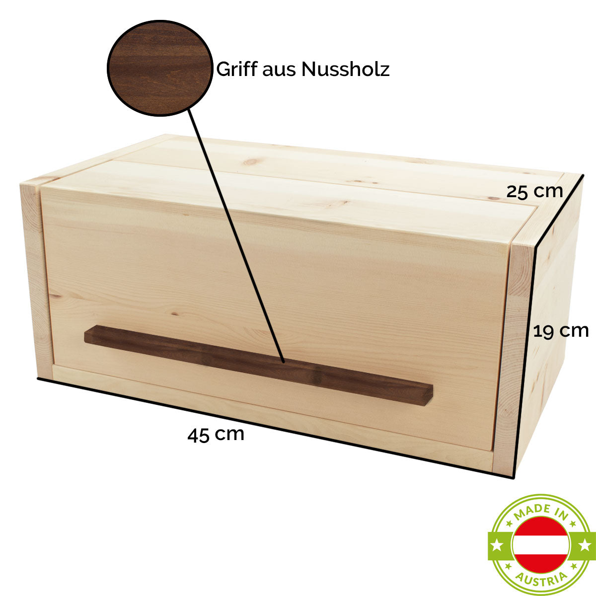 Brotkasten aus Zirbenholz | mit Nussgriff und Klappdeckel | B 45 x T 25 x H 19  cm | inkl. Zirbenholz-Gitter |  Handwerk aus Österreich