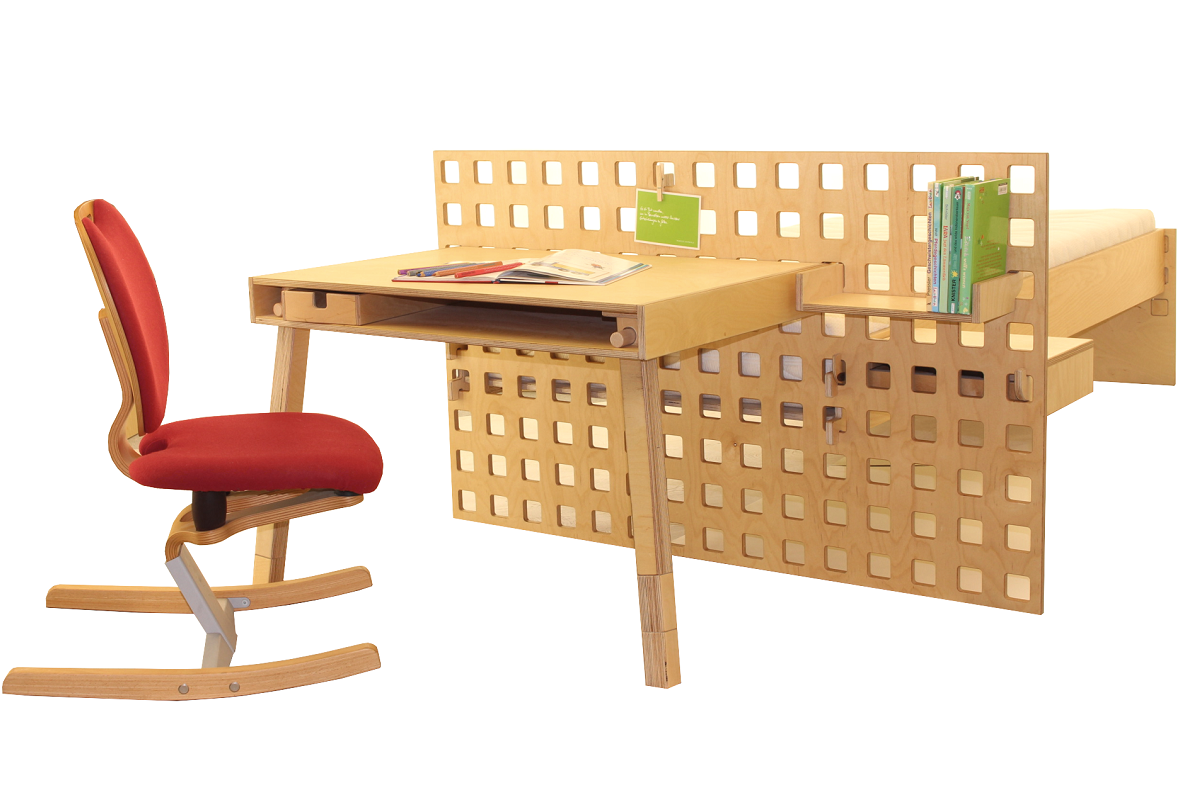 Design mit System - Bett & Schreibtisch 'Leo' | L 208 x B 135 x H 81 cm | Birkenholz | Echtes Handwerk | Made in Austria