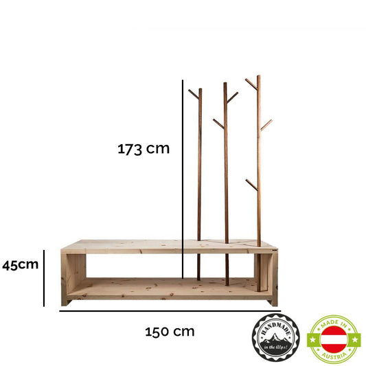 Massivholz Garderobe/Sitzbank 'MyStyle' | 3 Kleiderstangen aus Nussholz | B 150 x T 50 x H 45 cm | verschiedenen Stärken und Holzarten | echte Handarbeit aus Österreich