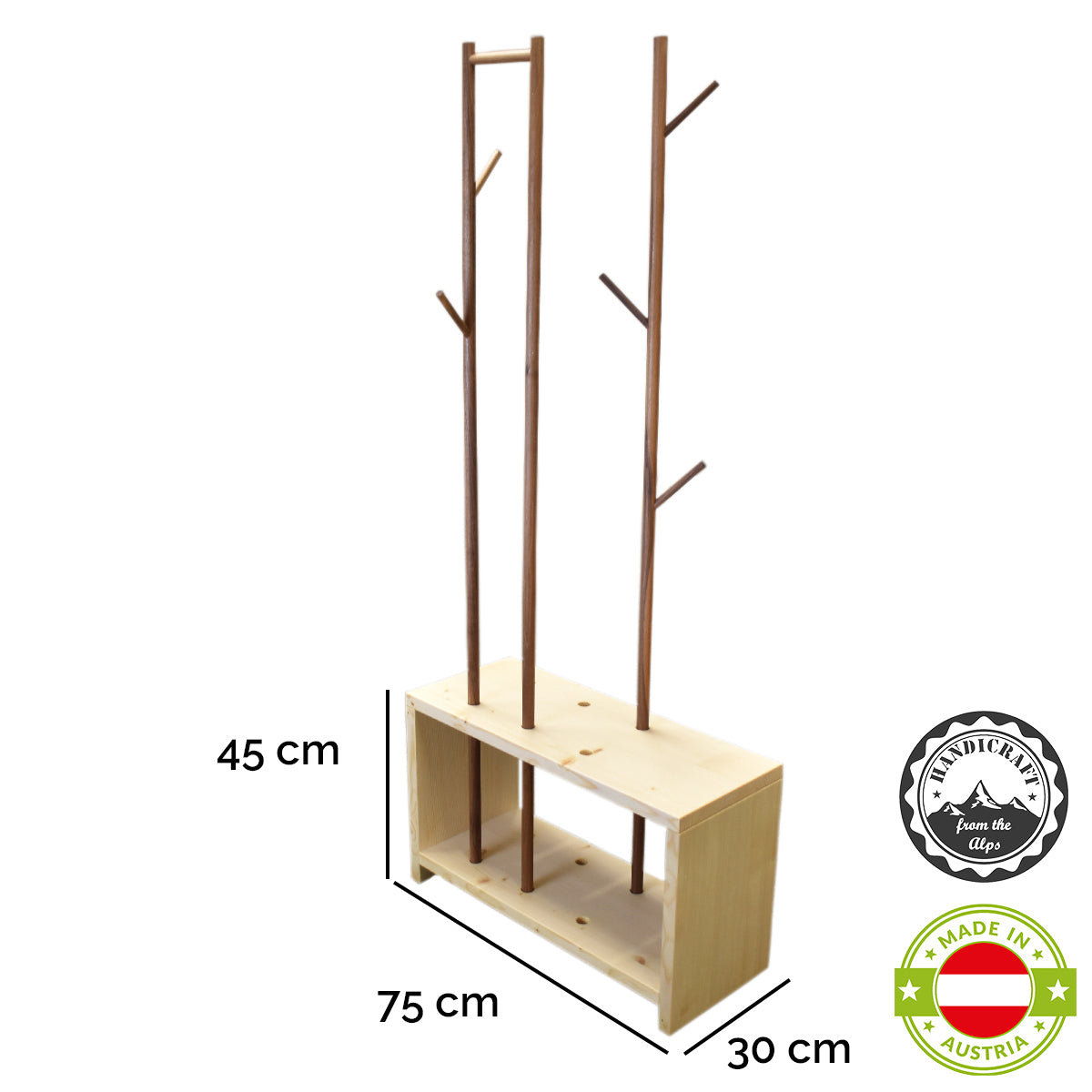 Massivholz Garderobe/Sitzbank 'MyStyle - Small' | L 75 x T 30 x H 45 cm | in verschiedenen Holzarten und Stärken | mit verschiedenen Kleiderstangen aus Nussholz | Made in Austria