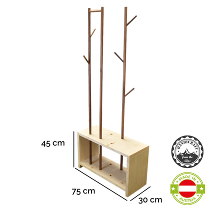 Massivholz Garderobe/Sitzbank 'MyStyle - Small' | L 75 x T 30 x H 45 cm | in verschiedenen Holzarten und Stärken | mit verschiedenen Kleiderstangen aus Nussholz | Made in Austria